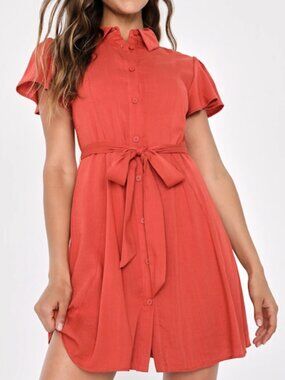 Lulu's Rust-Pink Button-Front Belted Mini Dress